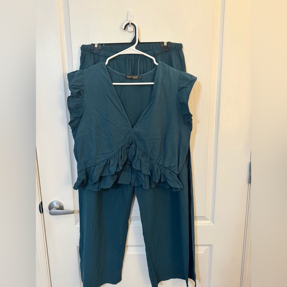 Fancyinn Blue Two Piece Set with Ruffled V-Neckline